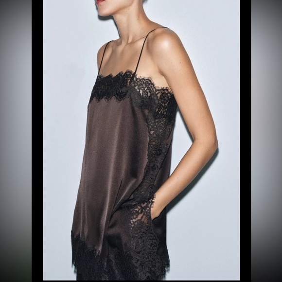 Zara SATIN LACE TOP ZW COLLECTION - DARK BROWN 5919/206/716. Limited time only